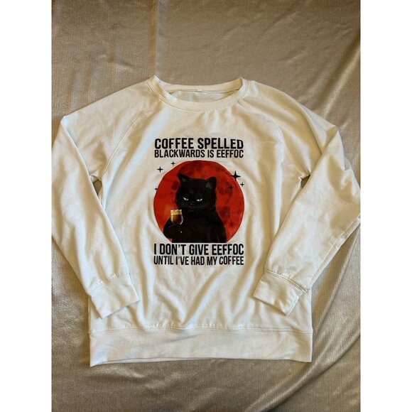Cat Lovers Swearshirt Coffee Spelled Backwards Is Eeffoc Cats Drink Coffee - Picture 1 of 7